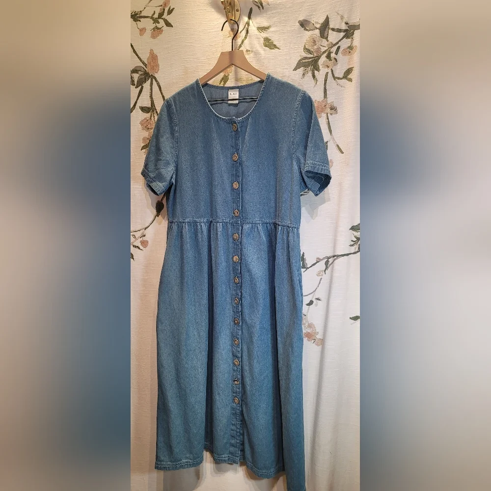 Blair Size Large Button Down Pockets Denim Shift Midi Blue Sundress Cottagecore - Picture 1 of 10